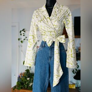 Dynamite-White and Green Wrap Blouse